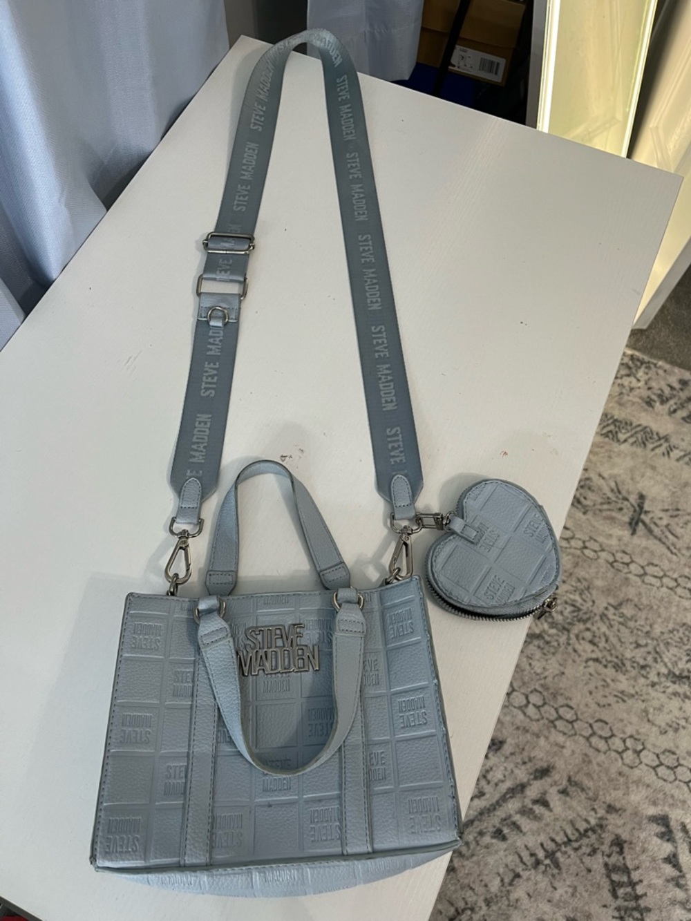Steve Madden Powder Blue Embossed Satchel with Logo Strap & Heart Pouch